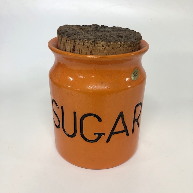 CANNISTER, 1970s Orange Glazed Storage Jar 'Sugar' w Cork Stopper